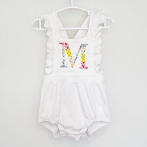Baby Girl White "M" Monogram Floral bubble romper